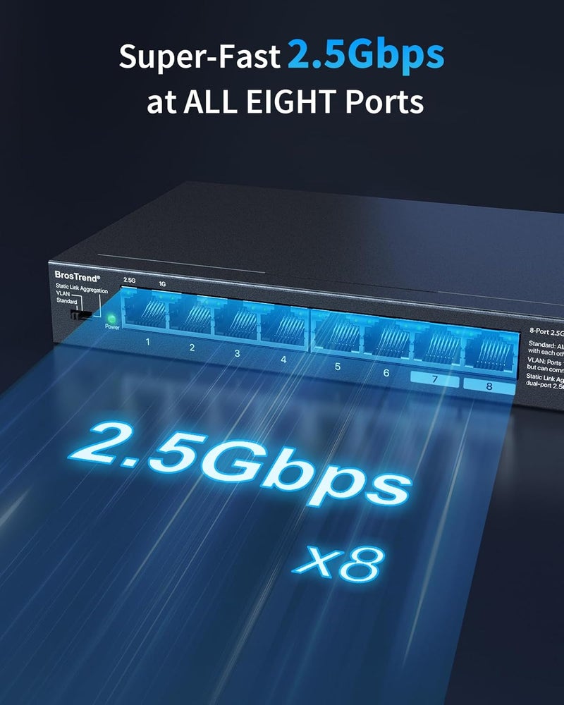 BrosTrend 2.5Gb Switch, Unmanaged 8 Port Ethernet Switch 2.5 Gigabit Supports Static Link Aggregation & VLAN, Fanless, Desktop Wall Mount, Multi Gig Splitter for Gaming, NAS, PC, Lifetime Protection - Image 2